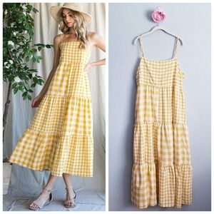 Chic Soul Yellow And White Gingham Tiered Midi Dress